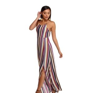 NWOT Colorful Stripes Maxi Dress W/ Leg Slits